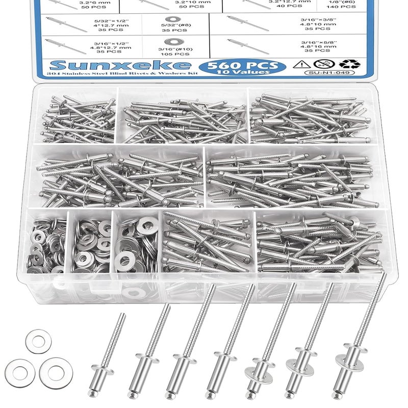 Sunxeke 560pcs 304 Stainless Steel Pop Rivets with Washers Assortment Kit,7 Sizes Pop Aluminum Rivets(1/8in 5/32in 3/16in),Assorted Blind Rivets for DIY/Automotive Repairs/Furniture with Labeled Case - Image 1